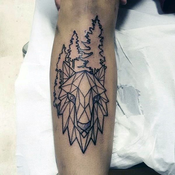 Simple black ink tattoo of original animal with forest