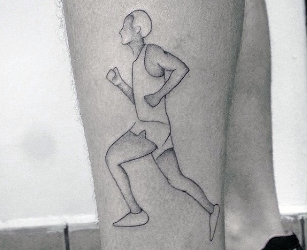 Simple black ink thigh tattoo of running man