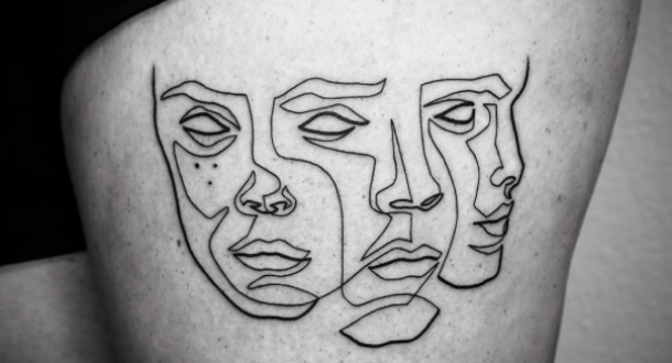 Simple black ink thigh tattoo of various masks