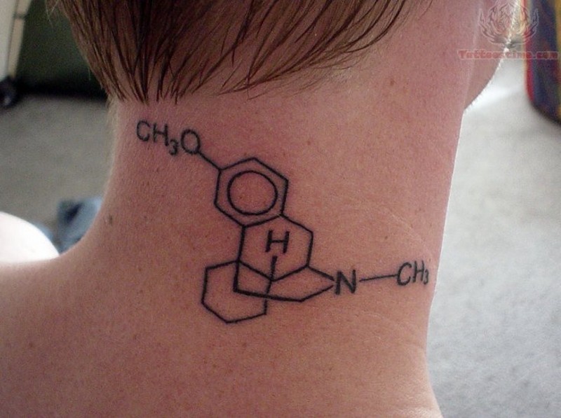 Simple black ink tiny neck tattoo of chemistry formula