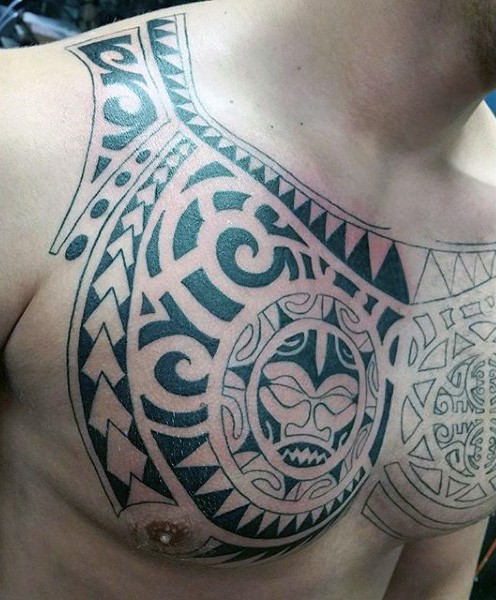 Simple black ink unfinished Polynesian tattoo on chest