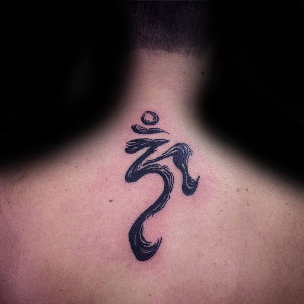Simple black ink upper back tattoo of Hinduism symbol