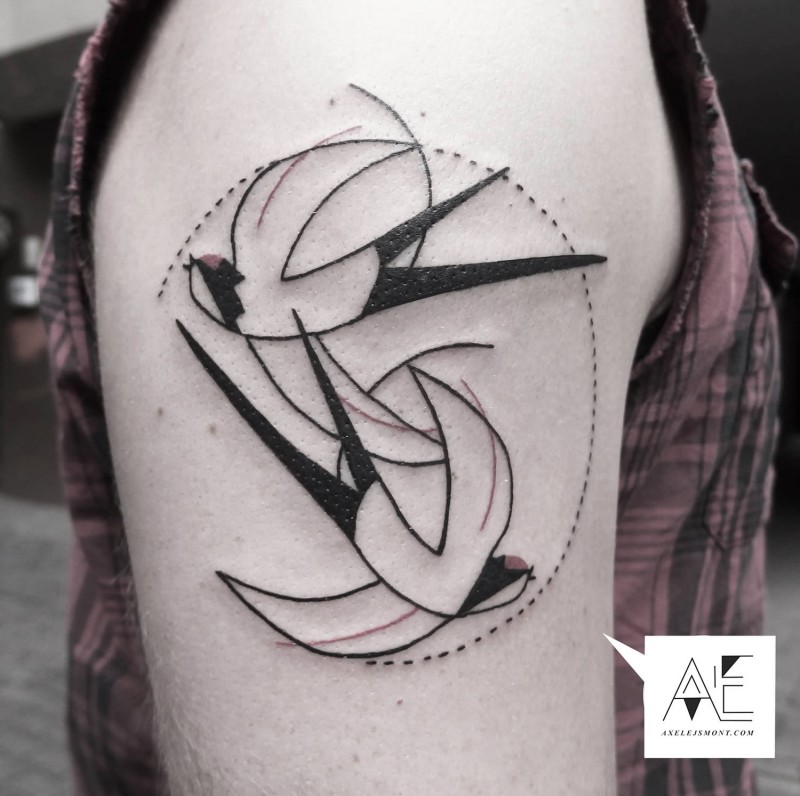 Simple colored shoulder tattoo of flying birds