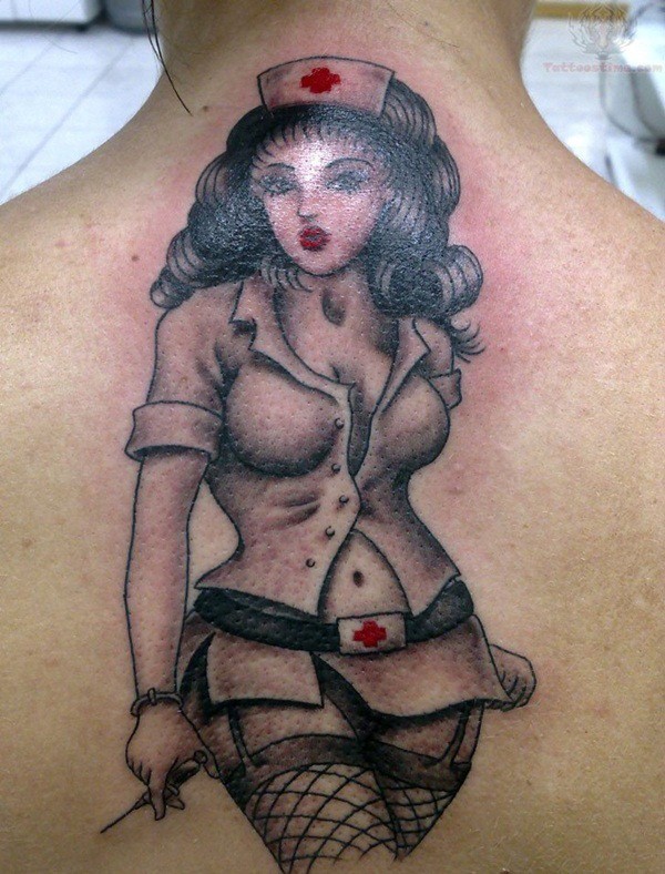 Simple designed and painted seductive nurse tattoo on upper back