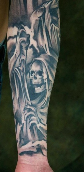 Simple designed black ink skeleton Death tattoo on arm