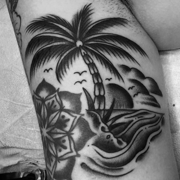 Simple designed black ink tropical island shore tattoo on arm