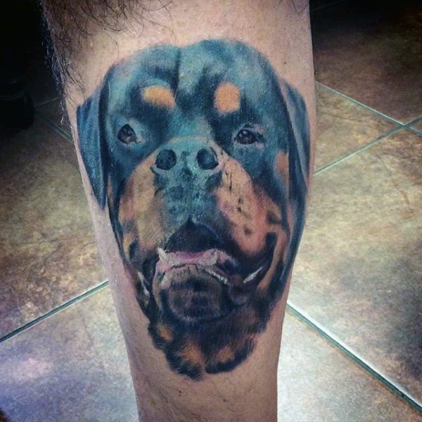 Simple designed detailed colored dog tattoo on leg