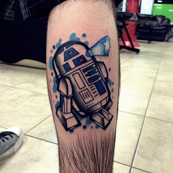 Simple designed little colored leg tattoo of R2D2 robot