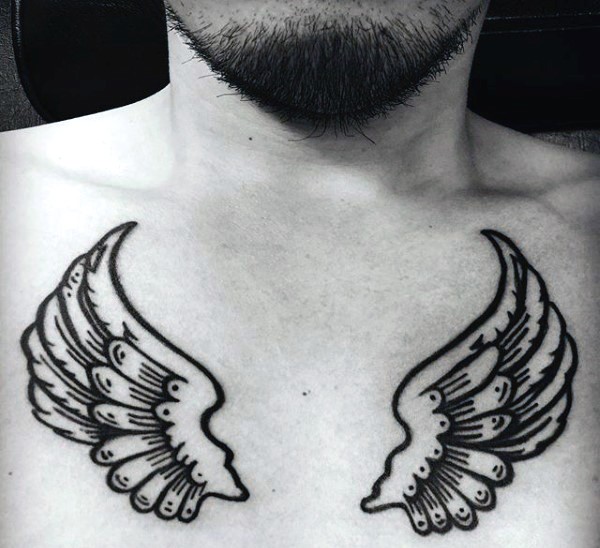 Simple designed little homemade black ink wings tattoo on chest
