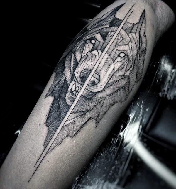 Simple engraving style detailed tattoo of fantasy wolf