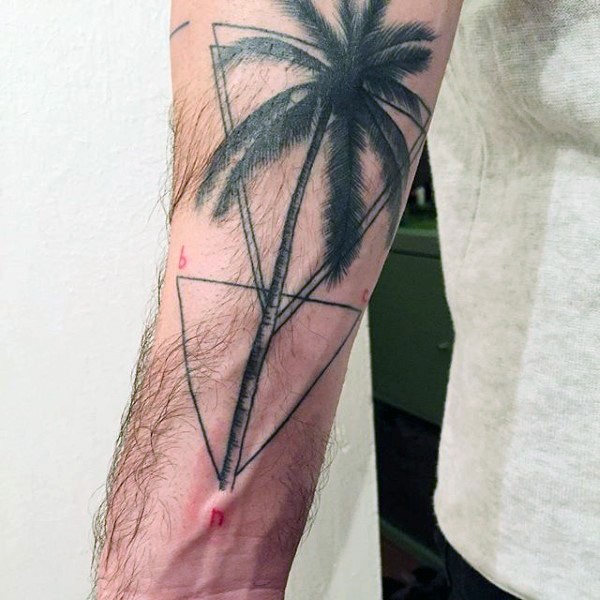 Simple geometrical style colored palm tree with triangles tattoo on arm