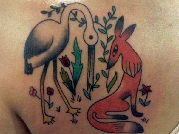 Simple homemade back tattoo of various animals