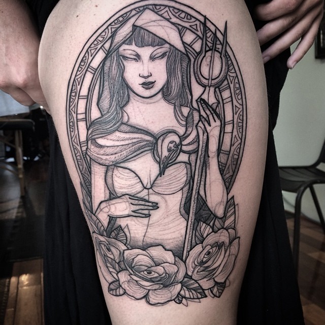 Simple homemade black and white fantasy woman tattoo on thigh with flowers