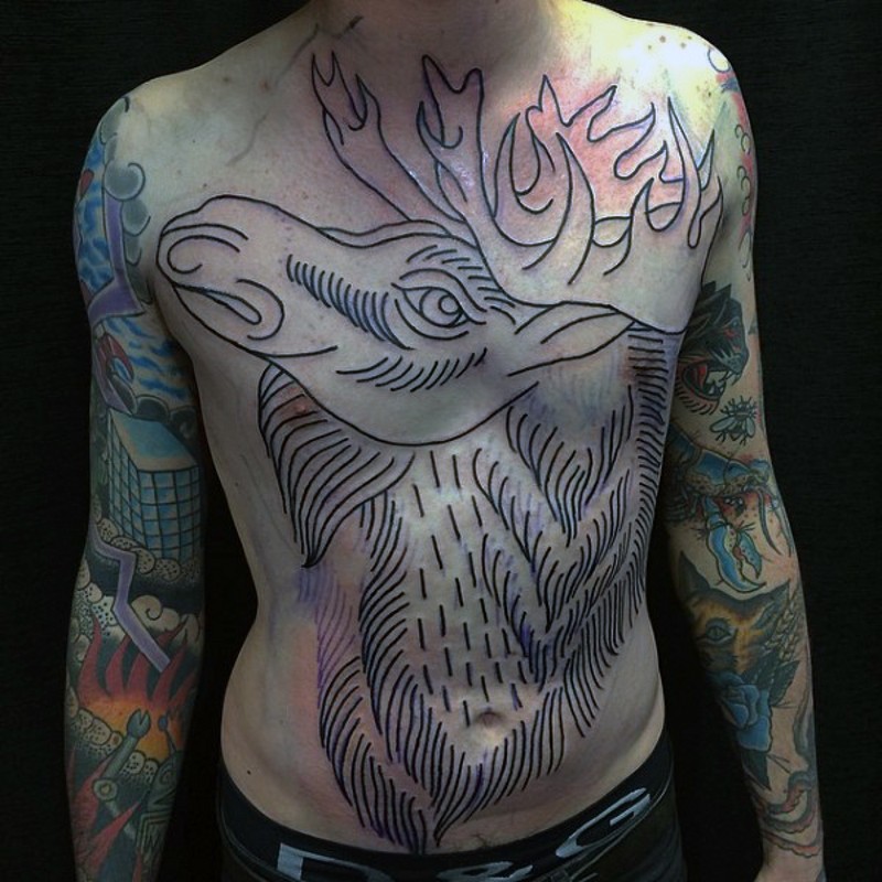 Simple homemade black ink whole chest tattoo of elk head
