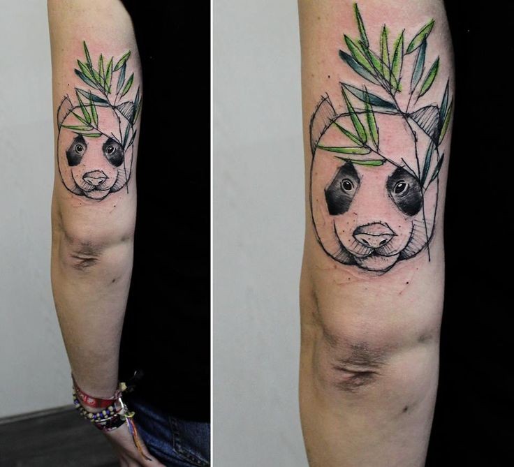 Simple homemade colored arm tattoo of panda bear and bamboo