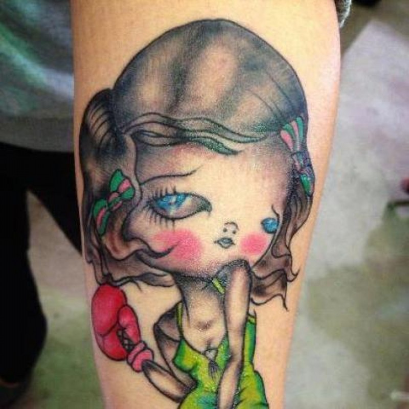 Simple homemade colored funny forearm tattoo of little boxer girl