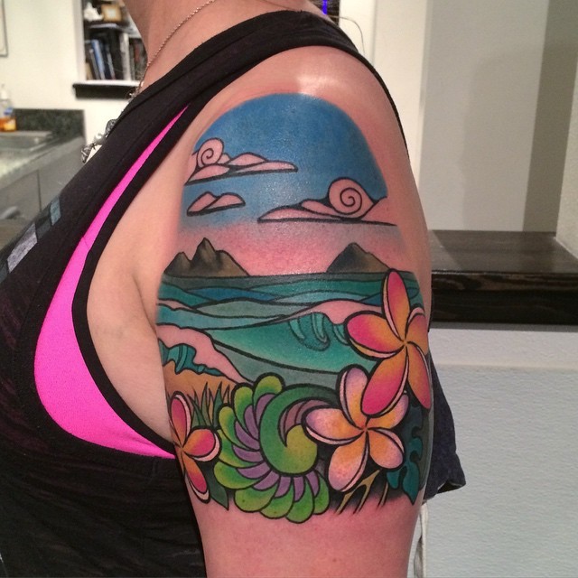 Simple homemade colorful ocean shore tattoo on shoulder stylized with various flowers