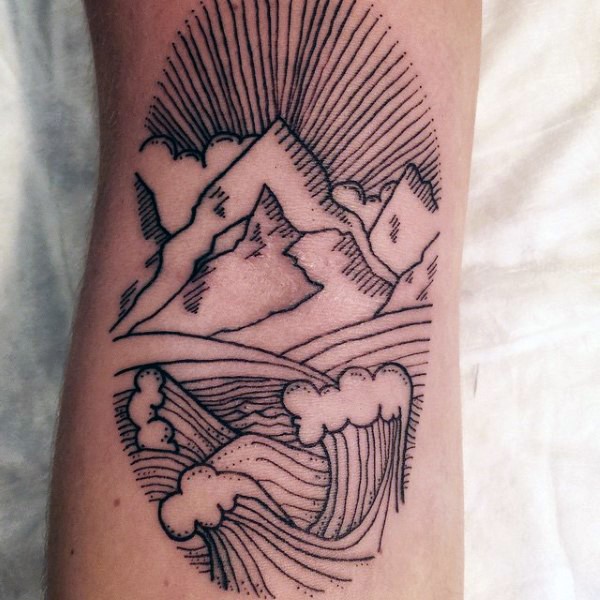 Tatuaje en la pierna, montañas con olas, dibujo sencillo negro blanco