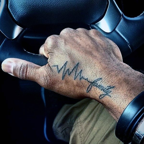 Tatuaje en la mano, latido cardíaco con palabra familia