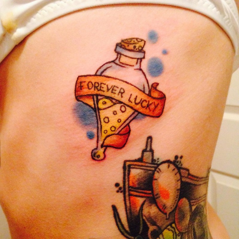 Simple homemade like colored bottle tattoo stylized with lettering
