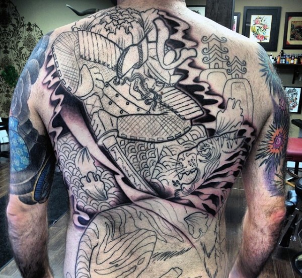 Simple homemade like uncolored samurai warrior fighting tiger tattoo on whole back with chrysanthemum