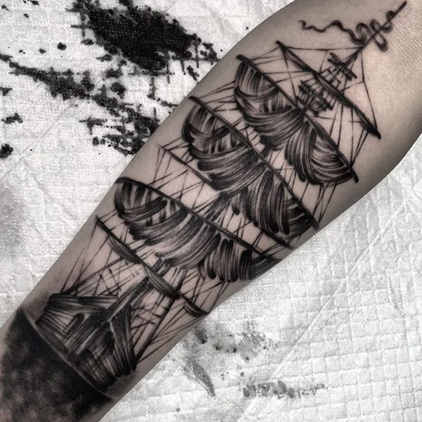 Simple homemade style arm tattoo of large sailing ship