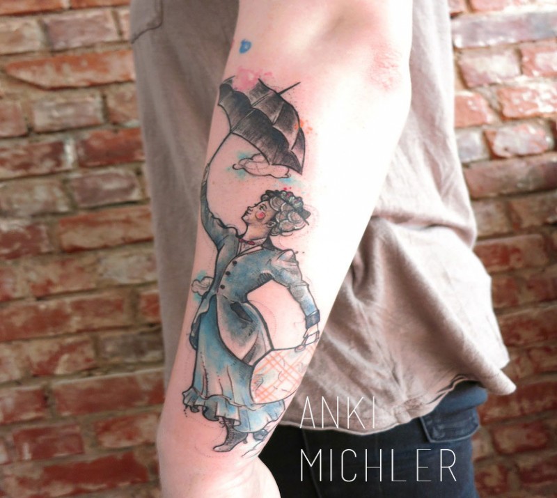 Simple homemade style arm tattoo of woman with umbrella