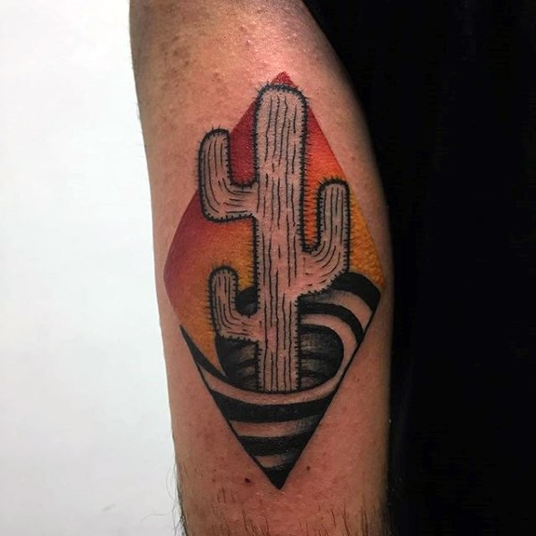 Simple illustrative style colored arm tattoo of cactus in desert