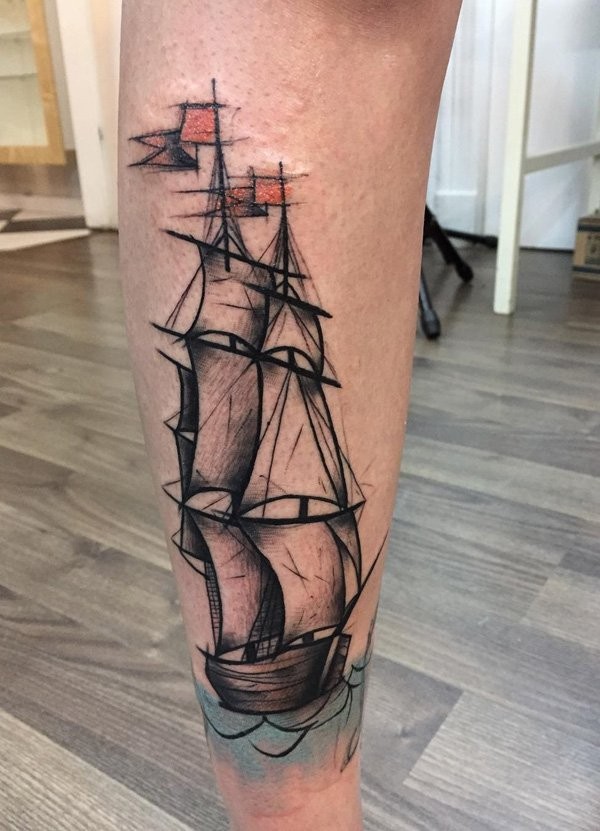 Simple illustrative style leg tattoo of big ship