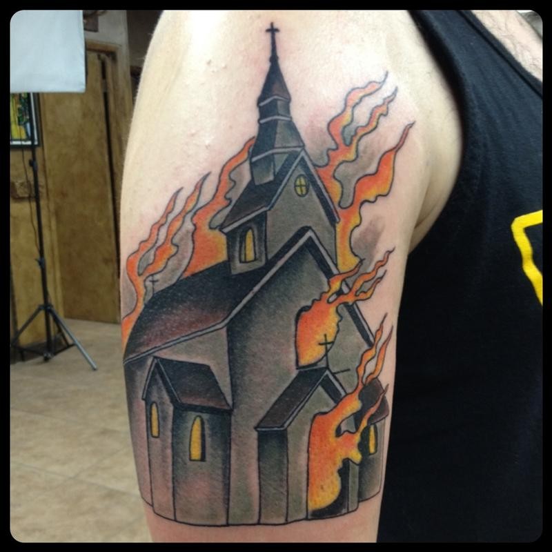 Simple illustrative style shoulder tattoo of burning church