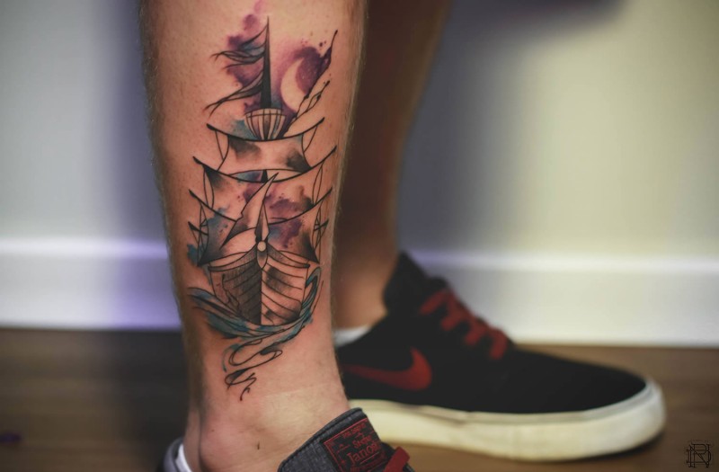 Simple illustrative style thigh tattoo of sailing ship