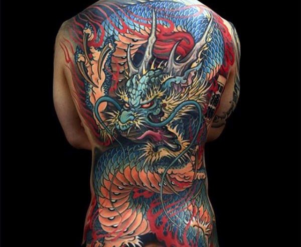 Simple illustrative style whole back tattoo of big dragon ...