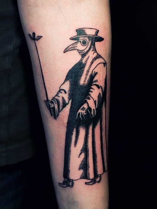 Simple linework style forearm tattoo of plague doctor