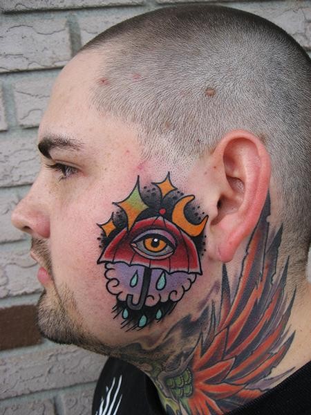 Simple mystical looking head tattoo of big umbrella and eye