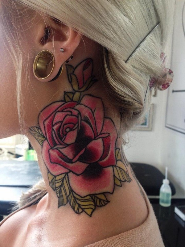 Simple old school rose flower tattoo on neck