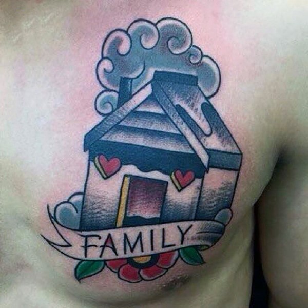 Simple old school style colored house with flower and lettering tattoo on chest