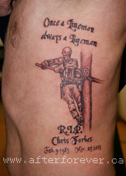 Simple old school style colored side tattoo of lineman with lettering