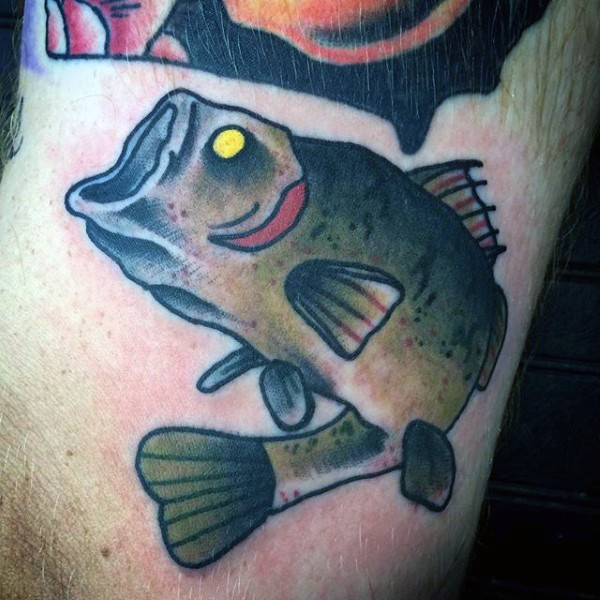 Simple old school style painted and colored fish tattoo on arm