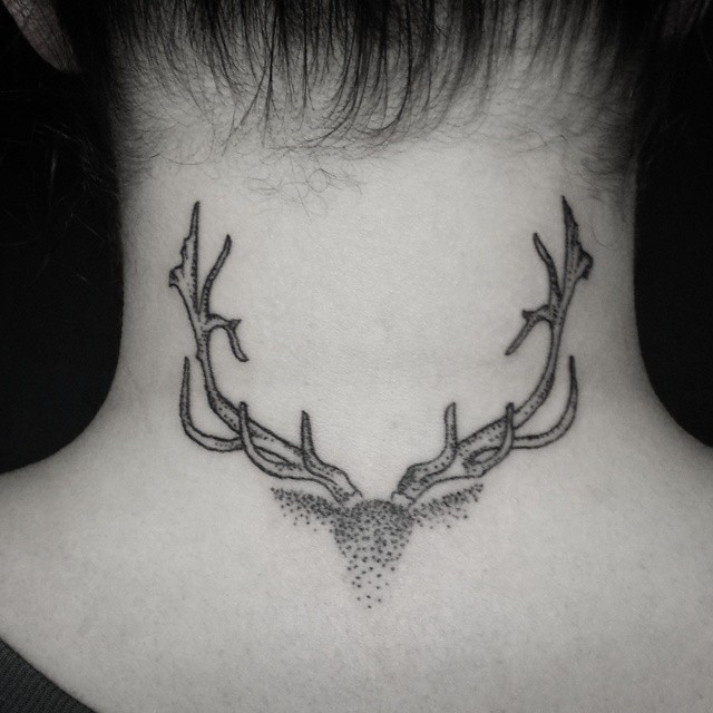 Simple original designed black ink deer horns tattoo on neck