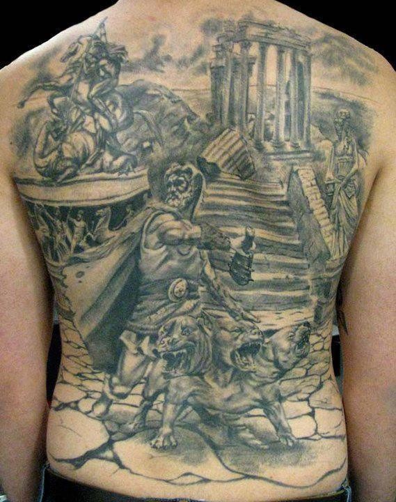 Simple painted black ink antic times themed massive tattoo on whole back area