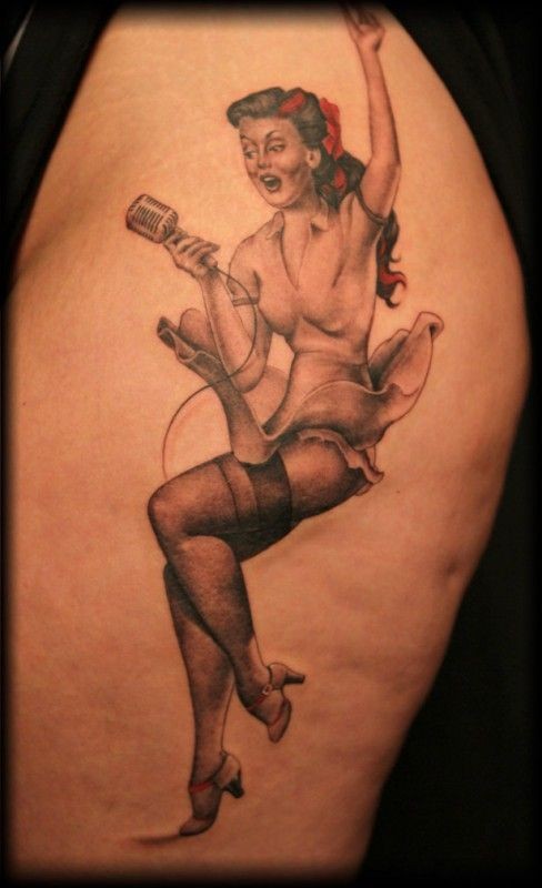 Singer with microphone pin up girl tattoo by Shane ONeill