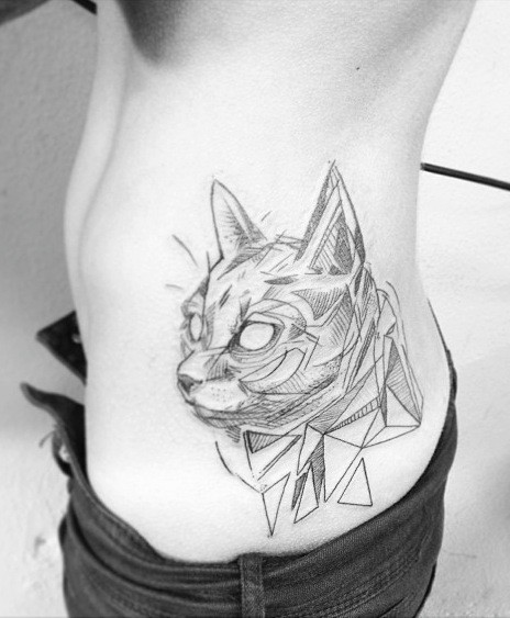 Sketch like black ink side tattoo of cat head