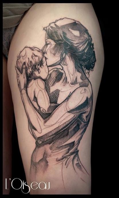 Sketch style black and white thigh tattoo of mother and baby