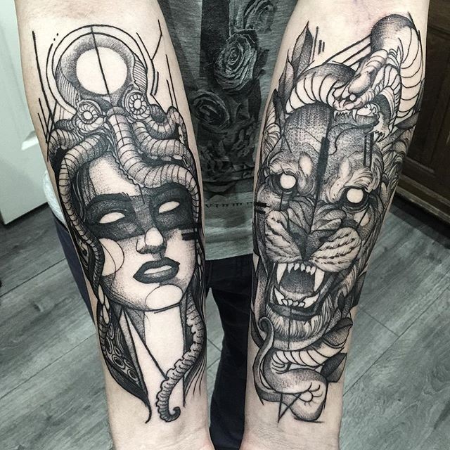Sketch style black and white woman with octopus and lion tattoo on forearm