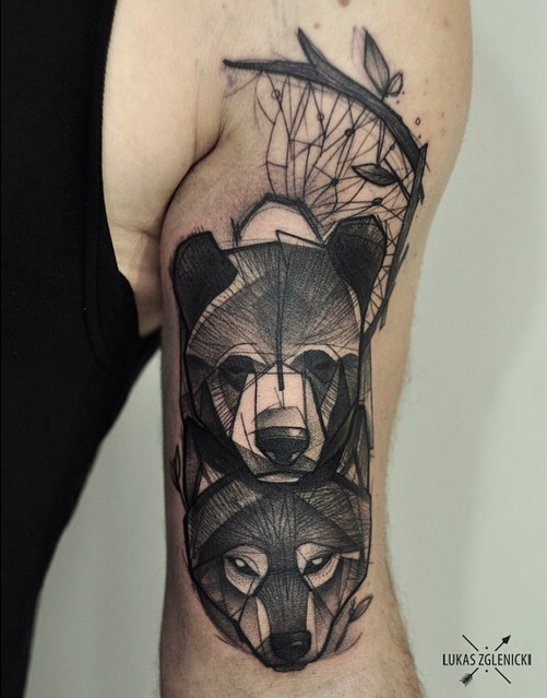 Sketch style black ink arm tattoo of bear and wolf head with tree