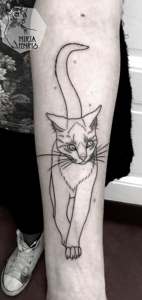 Sketch style black ink arm tattoo of cute cat