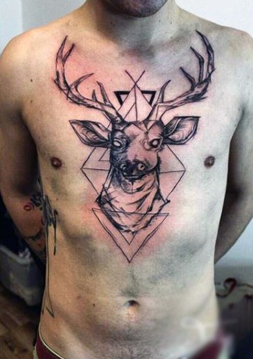 Sketch style black ink chest tattoo of mystic deer with geometrical ornaments