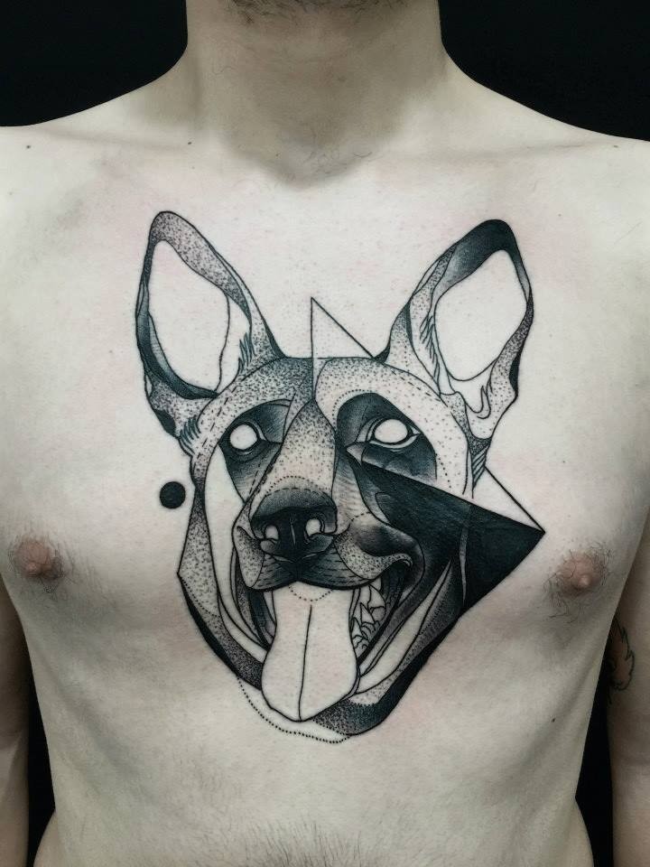 Sketch style black ink chest tattoo of marvelous dog