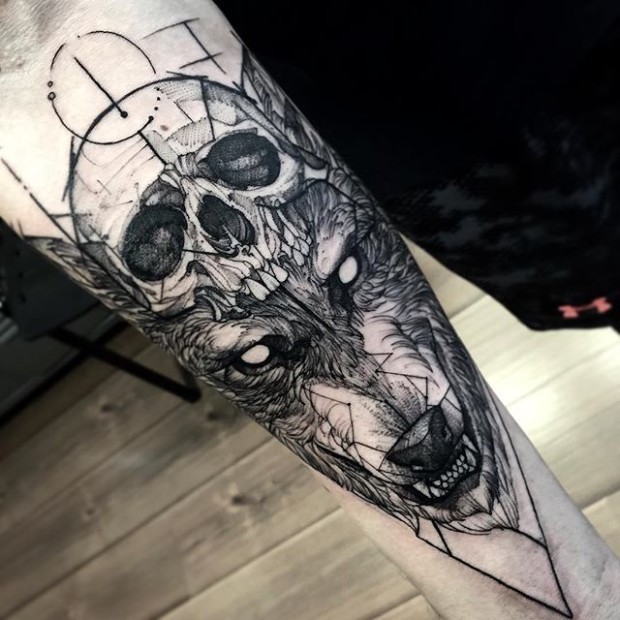 Sketch style black ink creepy forearm tattoo of demonic wolf with human skull helmet
