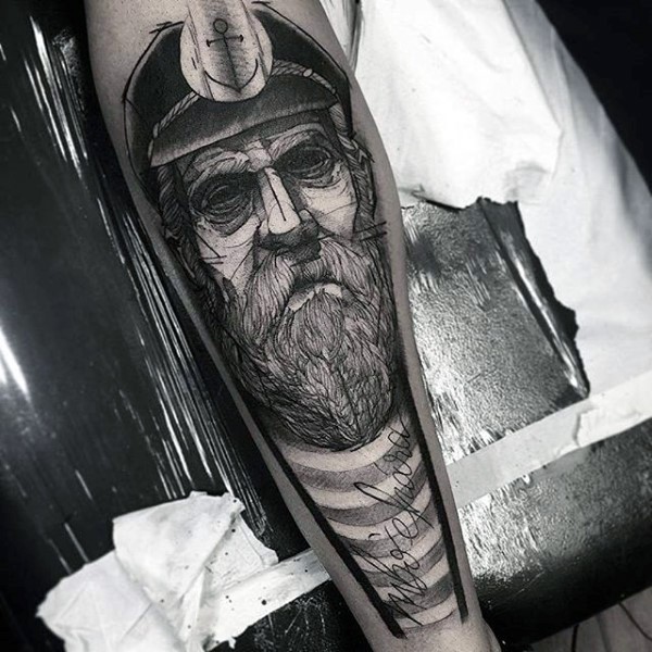 Sketch style black ink forearm tattoo of old sailor